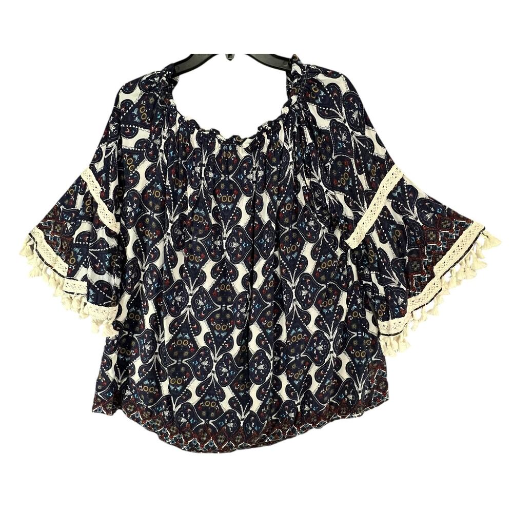 Paradise Top Womens S Blue 3/4 Off Shoulder Lace Tassels Boho Peasant Blouse